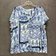 Rose + Olive Top Womens Plus 3X Blue Floral Paisley Boho V neck Button Up shirt