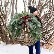 Ab-farmhouse Christmas Wreaths For Front Door, 14 Inch Rattan Wreaths For Decorating Christmas, 2021 Golden Bells Hang Center Door Winter Wreath