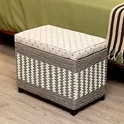 Modern Rattan Woven with Wood Legs Large Capacity Storage Stool Shoe Changing Stool for Living Room Bedroom Entryway Hallway-Grey 50x30x40cm(20x12x16inch)