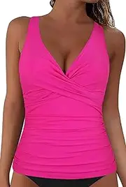 [Mycoco] Women's Underwire Tankini Top Twist V Neck Push Up Swim Top Ruched Bathing Suit Tops Only