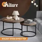 Oikiture Set of 2 Coffee Table Round Nesting Side End Table Walnut & Black