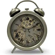 NEW Ollie Metal Twin Bell Moving Gears Desk Clock, Silver, 34cm