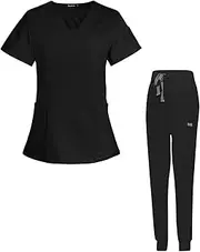 [yuksok] Women Uniform Scrubs Set, V Neckline Beauty Parlour Machine Washable Comfortable Suit