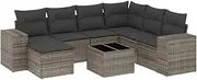 vidaXL 8 Piece Grey Poly Rattan Garden Sofa Set - Outdoor Patio Furniture w/Cushions & Glass Table for Backyard or Terrace