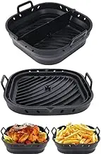 BONZA Premium Foldable Silicone Air Fryer Liners - 2Pcs Reusable, Food-Safe Oven Accessories, Durable Replacement for Parchment Paper, Non-Stick Silicone Baking Tray Inserts (Black, Square Air Fryer)