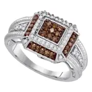 10kt White Gold Womens Round Brown Diamond Square Frame Cluster Roped Ring