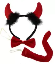 Red Fluffy Devil Ears Stretch Headband Bowtie Bendable Tail Halloween Costume