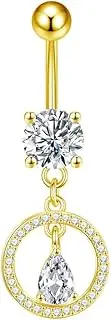 [Niaspi] 14G Hypoallergenic Surgical Steel Belly Button Ring for Women Sparkling Round Circle CZ Teardrop Dangle Belly Rings 3/8" 10mm Curved Navel Piercing Barbell Dangling Navel Jewelry