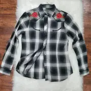 Roper Cowboy Carter Prairie Plaid Button Up Western Shirt Applique Rose Medium