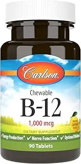 Carlson - Chewable B-12, 1000 mcg, Energy Production & Nerve Function, Optimal Wellness, Lemon, 90 Tablets