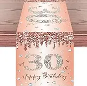 30th Birthday Table Runner for Women Her Rose Gold Happy 30th Birthday Table Runner 30 Years Old Birthday Celebration Party Decorations Non-Slip Dining Table Linen Cover Cloth Decor, 72 Inches Long
