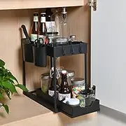 AUAUY Under Sink Organizers And Storage, 2 Tiers Sliding under Kitchen Sink Organizers And Storage with 4 Hooks, 2 Hanging Cups. Multifunctional Bathroom Cabinet Organizer,Black