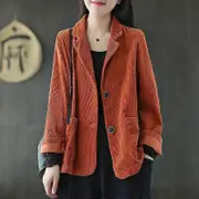 Wtempo Corduroy Suit Collar Solid Short Coat Women's Autumn Long Sleeve Pocket Art Retro Casual Coat Top dark orange XL