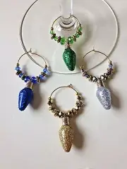 Christmas light bulb wine glass charms gold tone set of 4