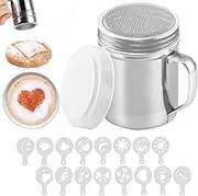 1 Pcs Shaker Powder with Handle Stainless Steel Duster Icing Sugar Shaker Coffee Cocoa Dredges with Fine-Mesh Lid, Power Can for Baking Cooking Home Restaurant Chocolate with 16 Pcs Molds Stencils