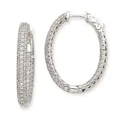 14k White Gold WG Diamond Oval Hoop w/Safety Clasp Earrings