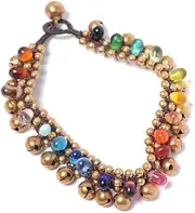[81stgeneration] Gold Tone Brass Anklet with Bells and Rainbow Colour Glass Beads - Indian Style Beaded Ankle Bells - Feet Jewelry for Women - Multicolour Ankle Bracelet - Boho Gypsy Fashion