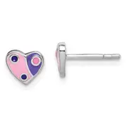 Sterling Silver Rhodium-Plated Polished Pink & Purple Enameled Heart Children'S Post Earrings