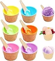 Ice Cream Bowls and Spoons, Cups for Birthday Party Decorations, Party Favors, Reusable Plastic ice Cream Cups Decorations, Ice Cream Sundae Bar Supplies (Multicolor, 6)