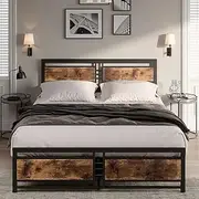 LEVEDE Queen Bed Frame Platform, Industrial Metal Bed Base with Wooden Headboard, Heavy Duty Mattress Support, Classic Bedroom Furniture, Easy to Assemble (Rustic Brown)