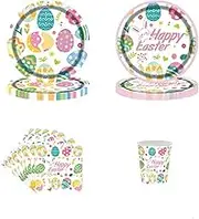 96 Pcs Easter Party Decorations Easter Party Supplies Easter Tableware Easter Plates Napkins Cups Easter Dinnerware Happy Easter Party Decorations Bunny Egg for Easter Decor Easter Party Favor
