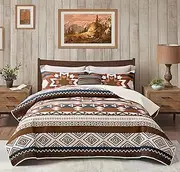 Southwestern Quilt Set Western Tribal Rustic Aztec Native American Navajo Bedding Set Bedspread 3 Piece Beige Taupe Brown Blue Bedding Comforter Sets, Queen Size (96" x 106", 1 Quilt + 2 Pillow Shams)