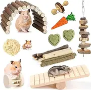 Hamster Cage Accessories,12Pack Natural Wood Accessories for Chinchilla, Guinea Pig, Hamster, Rabbit, Teeth Cleaning Dumbbell Exercise Bell Roller Rodent Dental Care Toys