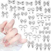 ZLSPTK 80Pcs 3D Silver Bow Nail Charms Y2k for Acrylic Nails Bulk Bowknot Art for Kids Design Tiny Bows Decoration Flatback Mixed Small Accessories for DIY Cute Kawaii Jewelry