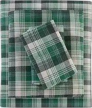 Woolrich Flannel 100% Cotton Sheet Set Warm Soft Bed Sheets with 14" Elastic Pocket, Cabin Lifestyle, Cold Season Cozy Bedding Set, Matching Pillow Case, Queen, Green Plaid, 4 Piece