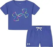 [Under Armour] girls Short Sleeve Shirt and Shorts Set, Durable Stretch and Lightweight