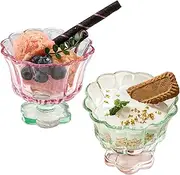 MLKLDOU Glass Dessert Bowls，Footed Ice Cream Bowls 8 oz Mini Drinking Glass Cups 2 Pack Flower Petal Style Glasses, Suitable for Ice Cream, Cocktails,Dessert,Juice (Pink & Green)