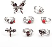 [KONPJE] Gothic Vintage Rings for Women Red Kuncle Ring Set Silver Punk Goth Butterfly Cross Heart Y2K Rings Adjustable Opening Crystal Stackable Statement Ring Halloween Jewelry