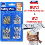 NEW 100 Pcs Safety Pins Mixed Size Silver + 2pcs Tape Measure 150cm Sewing Craft