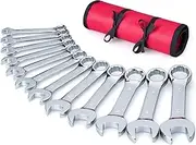 EFFICERE Premium Stubby Combination Wrench Set with Roll-up Pouch, 12Pcs, Metric, 8-19mm, No Skipped Size | Cr-V Steel, Mirror Polished Finish Short Length & Slim Body, Perfect for Confined Areas