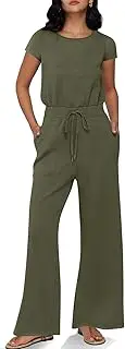 [Tongmingyun] Womens Wide Leg Jumpsuits Casual Summer Short Sleeve Drawstring Elastic Waist Long Pants Romper with Pockets