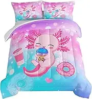 HOSIMA Axolotl Comforter Cute Animal Bedding Sets Queen Size Room Decor for Teen Girls Dessert Milk Tea Donut Bed Princess Toddler Bedding Set Fantasy Queen Bed in a Bag for Adults Kids.