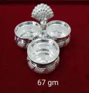 Small Silver Peacock Kumkum 3 Round Container for Haldi Kumkum Karanda Kankavati