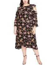 Rachel Roy Womens Ruffled Cold Shoulder Midi Dress, Black, Plus Size, 16W