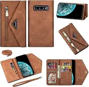 Compatible with Samsung Galaxy S10, Leather Magnetic Flip Kickstand Zipper Wallet Cover with 6-8 Card Slots Holder Wrist Strap Case for Samsung Galaxy S10