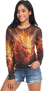[RPLIFE] Fiery Dragon Head Flames Black Mesh Long Sleeve Top, Printed Mesh Top S-XXL