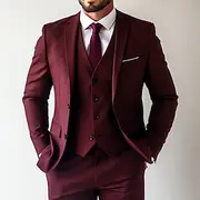 Men's Business Suits Burgundy Formal WorkWear Solid Colored Standard Fit 3 Piece Single Breasted Two-buttons