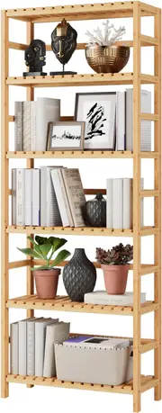 Fin Extra Tall 6-Tier Bamboo Shelf Bookcase Adjustable Shelves F Living Room Kitchen