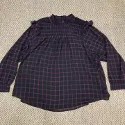 Torrid Crinkled Chiffon Smocked Neck Blouse Windowpane Plaid Black and Pink 5X