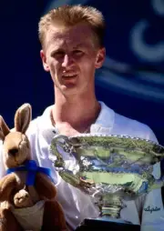 Petr Korda Czech Republic holds the trophy a stuffed kangaroo afte- Old Photo