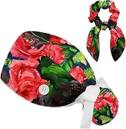 [FVQL] 2 Pack Surgical Hats for Women, Ponytail Scrub Cap with Hair Scrunchies, Floral Flower Pattern Painting