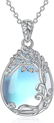 Sterling Silver Tree of Life Moonstone Necklace Filigree Teardrop Pendant Women