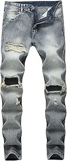 [Zylphorix] Men Mid Waist Ripped Patch Denim Pants Retro Casual Zipper Straight Jeans Y2K Classic Cozy Basic Wide Leg Pants, Light Blue, 38
