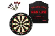 Winmau Blade 6 Dart Board + Man Cave Dartboard Cabinet + Darts Set