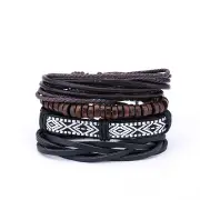 2SET Vintage Men's Multilayer Leather Bracelets Boho Geometric Pattern Rock Wood Bead Bracelet for Men