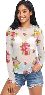 [RPLIFE] Floral White Mesh Long Sleeve Top, Sheer Sleeve Top S-XXL